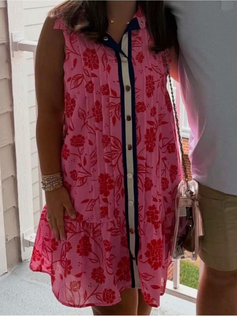 THML Pink Dress with Red Floral Print and Navy Trim